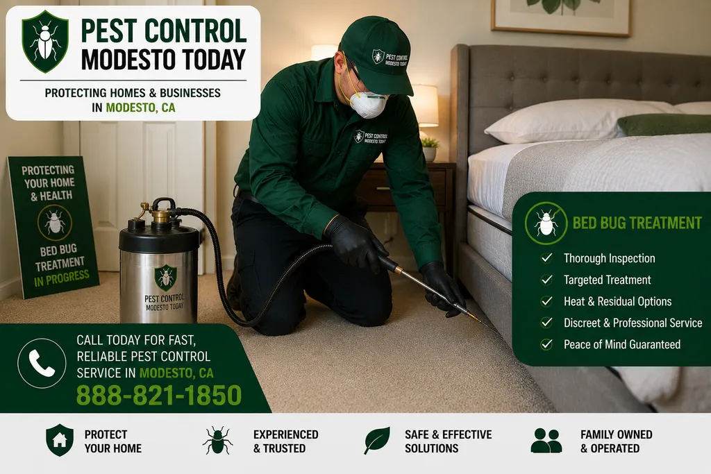 Pest control technician performing bed bug treatment at a Modesto, CA property