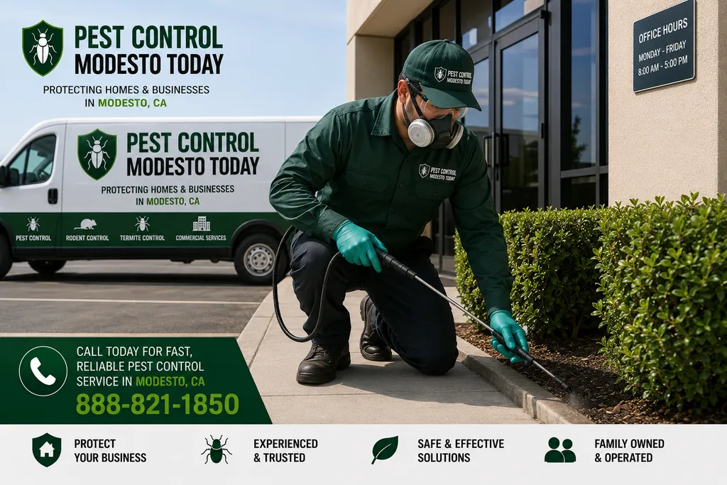 Pest control technician performing commercial pest control at a Modesto, CA property