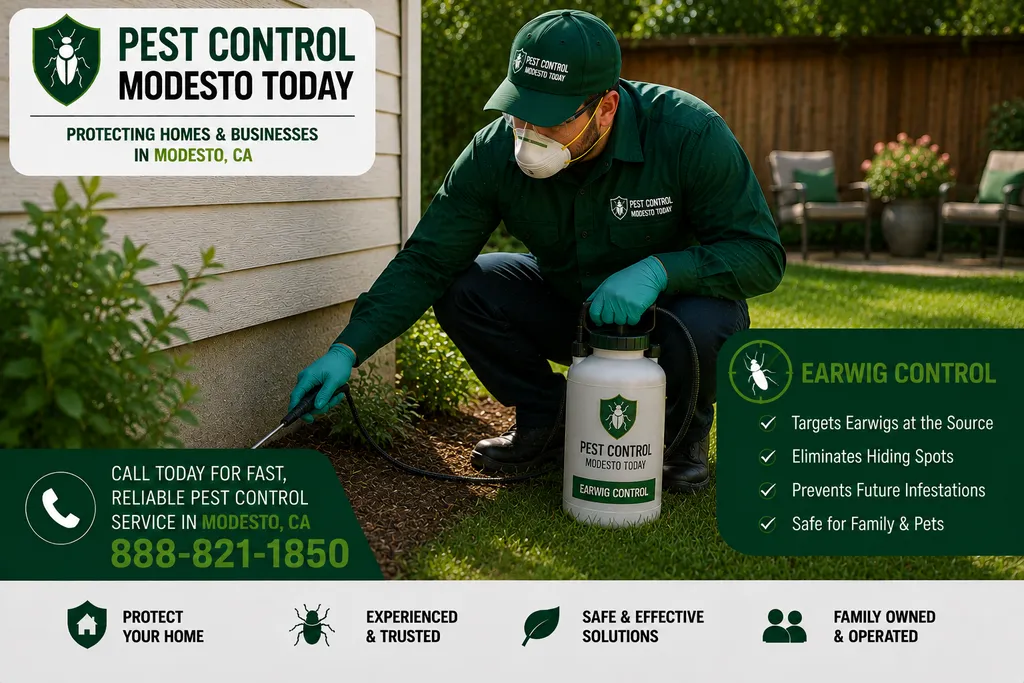 Pest control technician performing earwig control at a Modesto, CA property