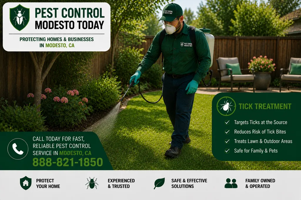 Pest control technician performing flea & tick treatment at a Modesto, CA property