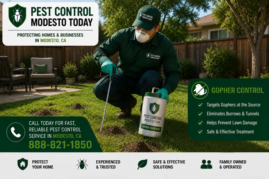 Pest control technician performing gopher & ground rodent control at a Modesto, CA property