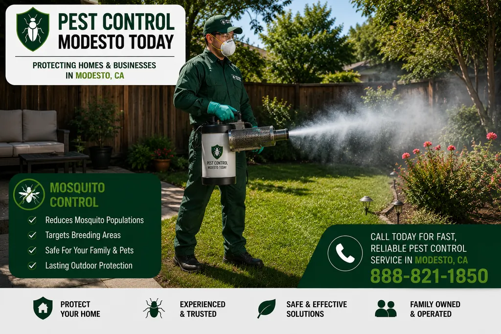 Pest control technician performing mosquito reduction at a Modesto, CA property