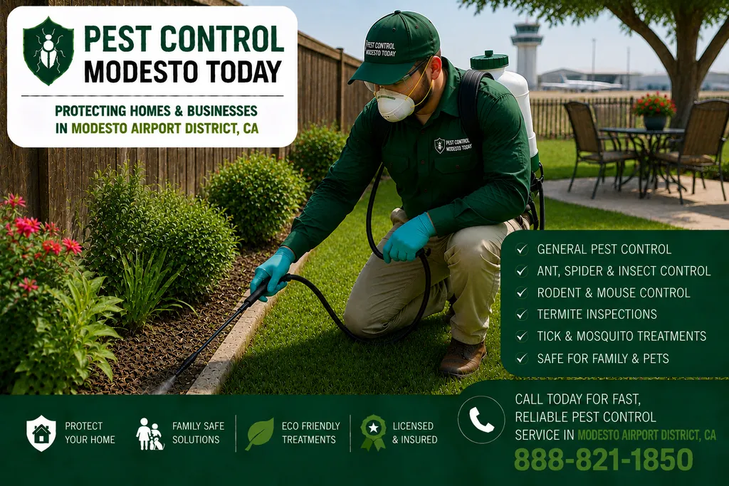 Pest control technician servicing a property in Airport District, CA