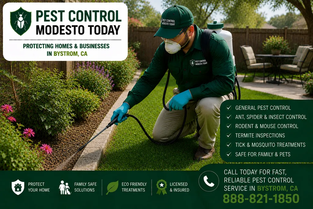 Pest control technician servicing a property in Bystrom, CA