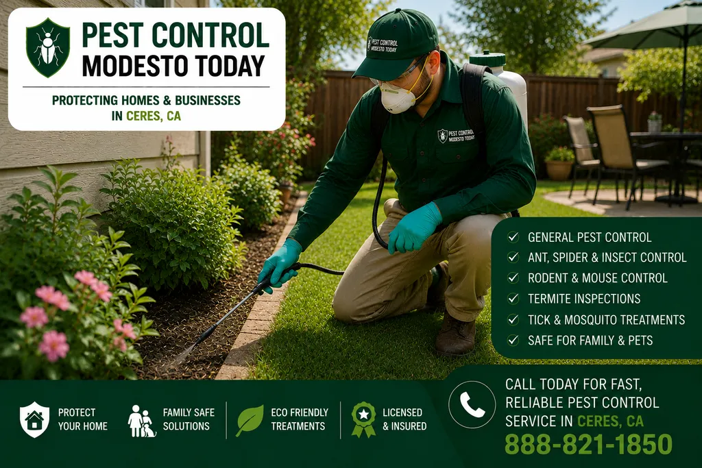 Pest control technician servicing a property in Ceres, CA