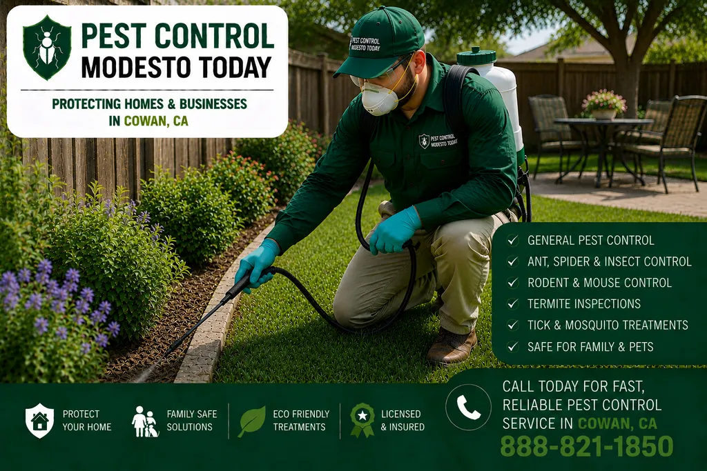 Pest control technician servicing a property in Cowan, CA
