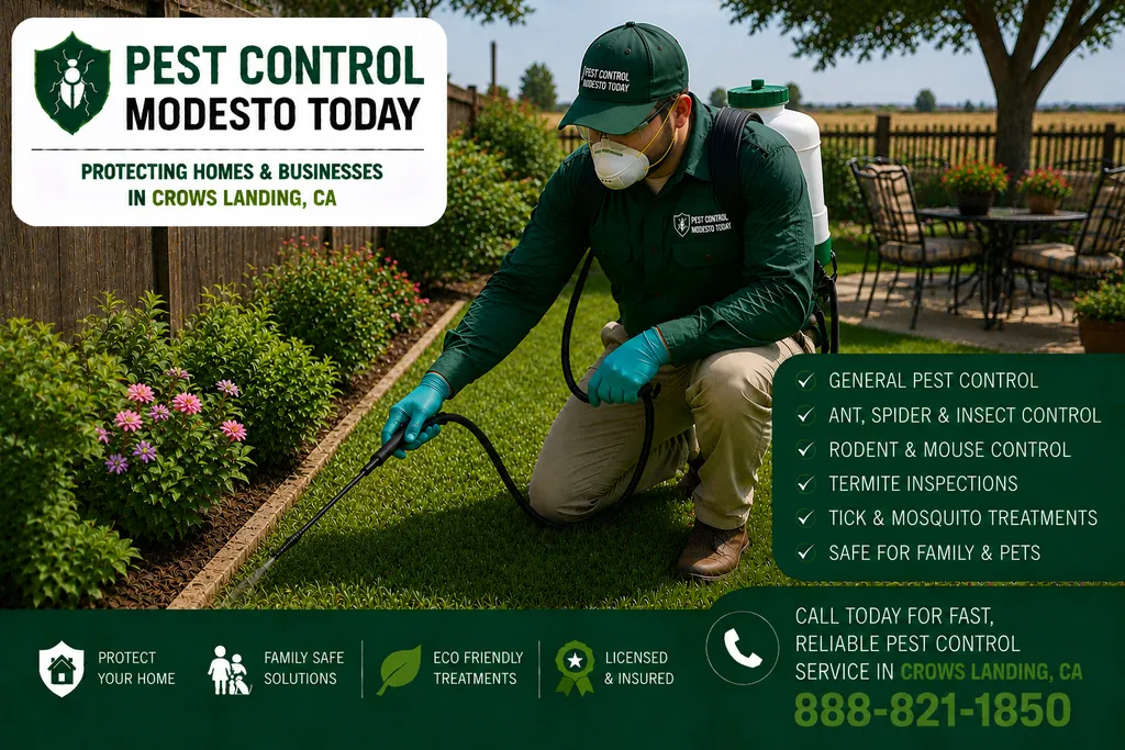 Pest control technician servicing a property in Crows Landing, CA