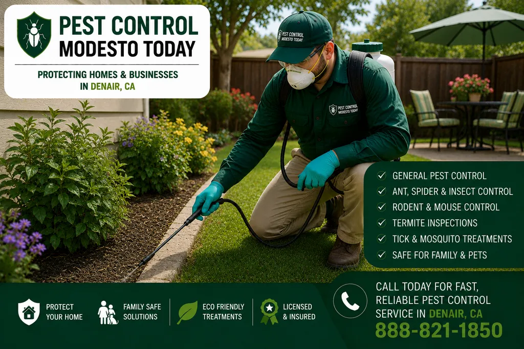 Pest control technician servicing a property in Denair, CA