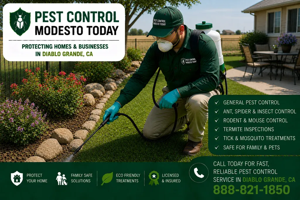 Pest control technician servicing a property in Diablo Grande, CA