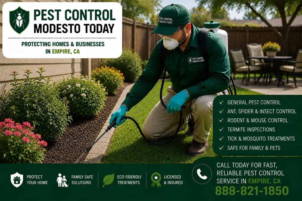 Pest control technician servicing a property in Empire, CA