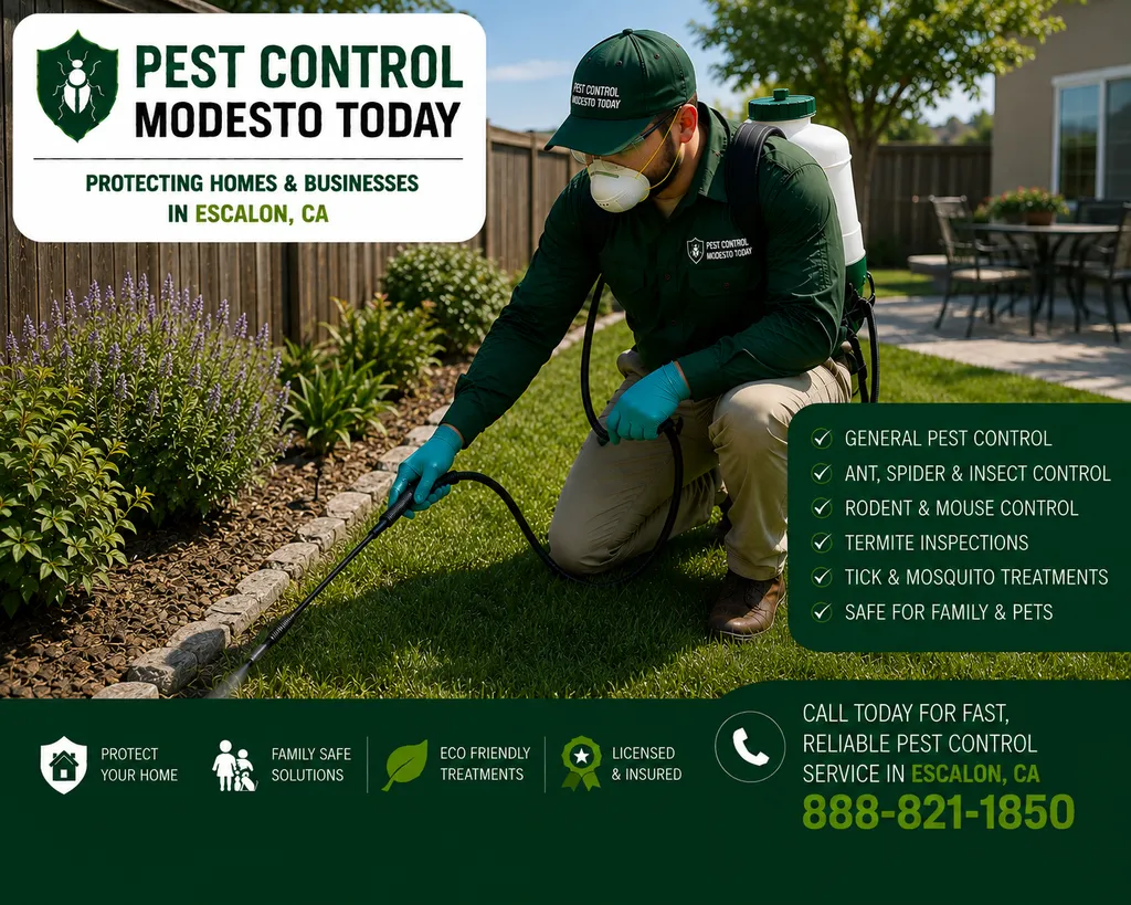 Pest control technician servicing a property in Escalon, CA