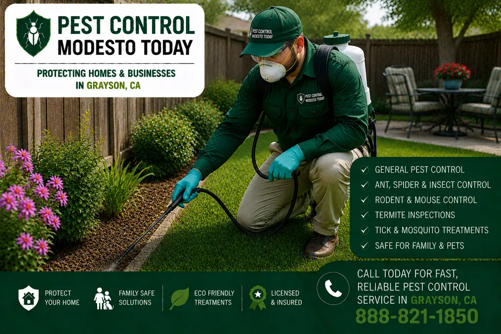 Pest control technician servicing a property in Grayson, CA