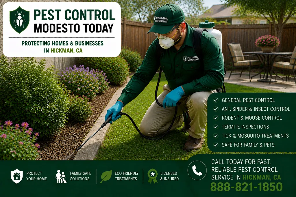 Pest control technician servicing a property in Hickman, CA