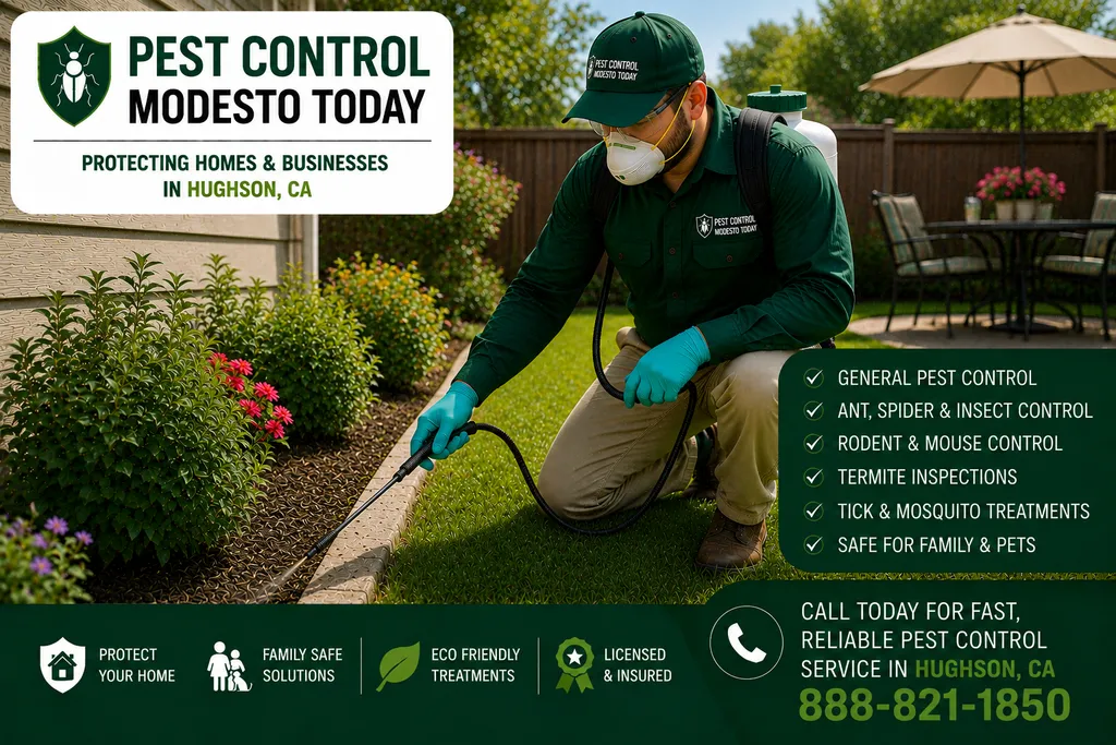 Pest control technician servicing a property in Hughson, CA