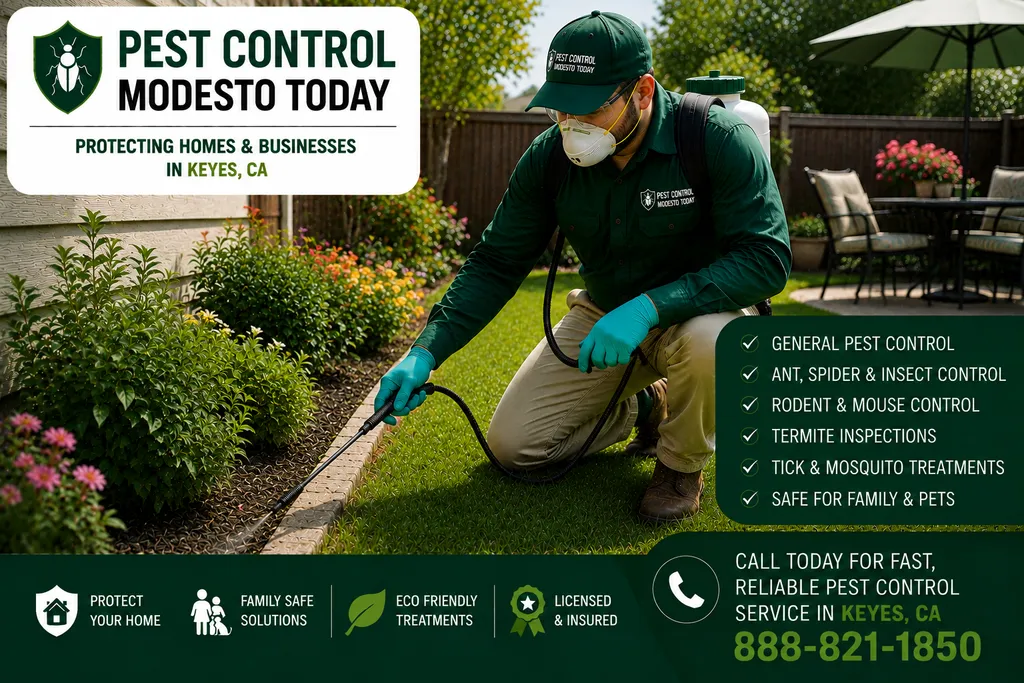 Pest control technician servicing a property in Keyes, CA