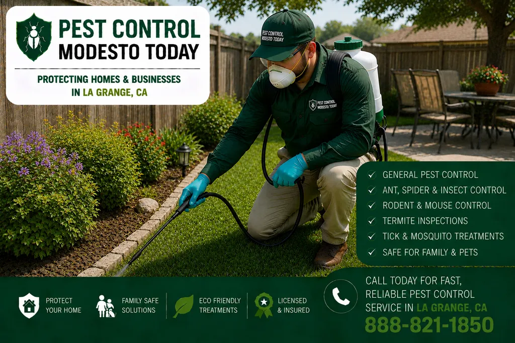 Pest control technician servicing a property in La Grange, CA