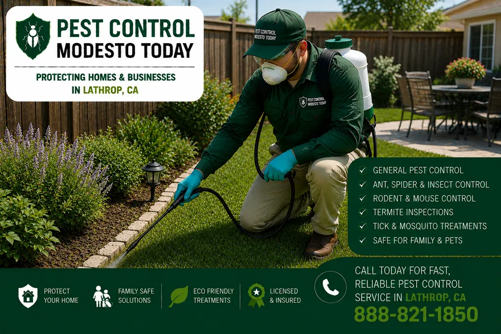 Pest control technician servicing a property in Lathrop, CA