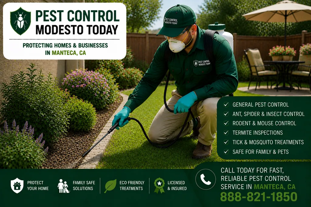 Pest control technician servicing a property in Manteca, CA