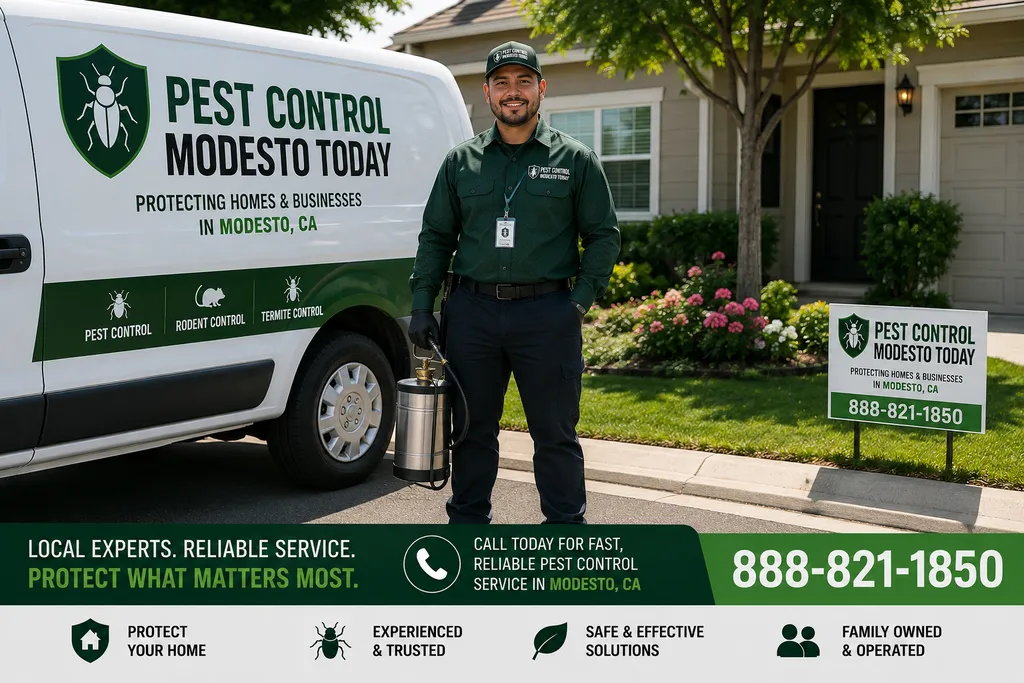 Pest Control Modesto Today service vehicle at a Modesto, CA property