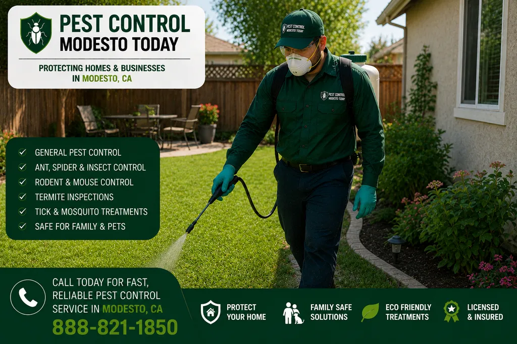 Pest control technician servicing a property in Modesto, CA