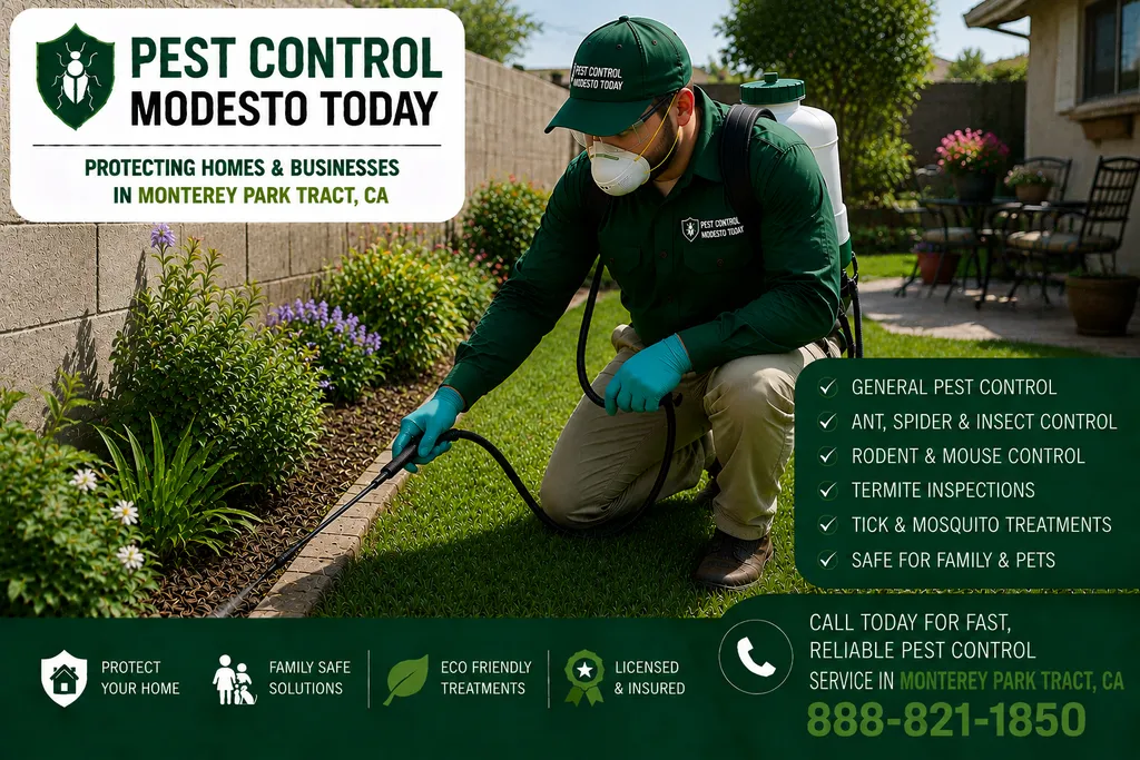 Pest control technician servicing a property in Monterey Park Tract, CA
