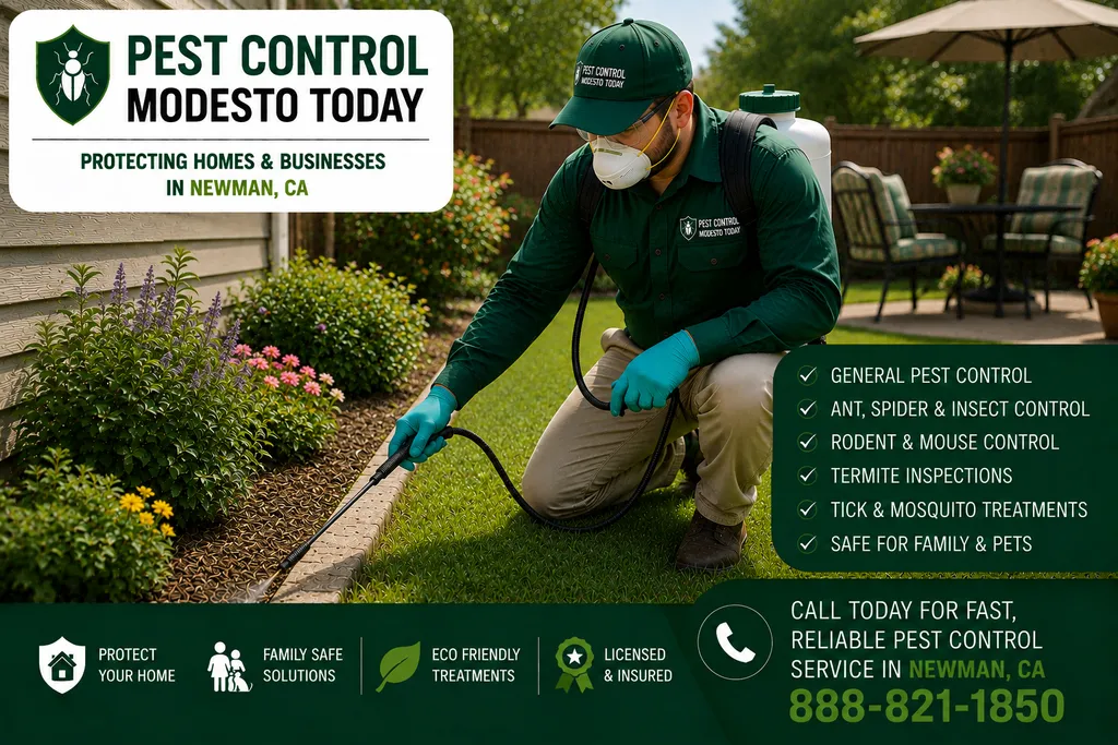 Pest control technician servicing a property in Newman, CA