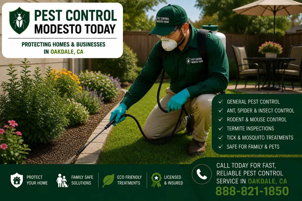 Pest control technician servicing a property in Oakdale, CA