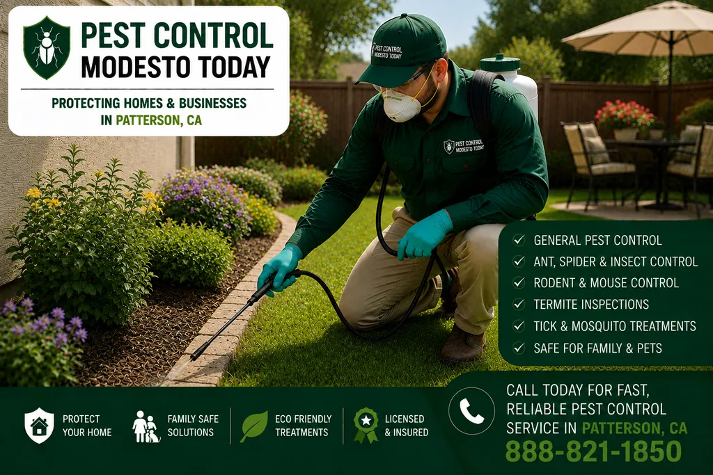 Pest control technician servicing a property in Patterson, CA