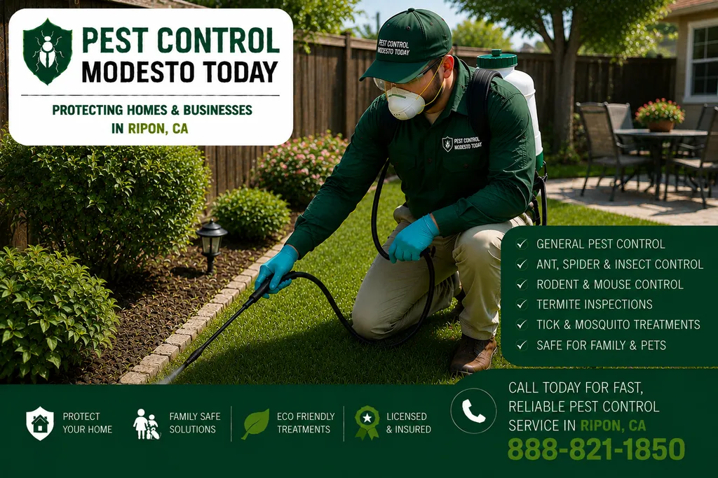 Pest control technician servicing a property in Ripon, CA