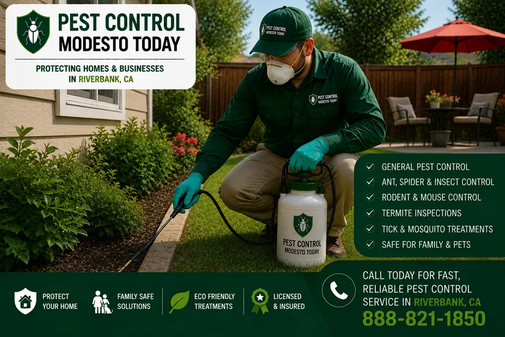 Pest control technician servicing a property in Riverbank, CA