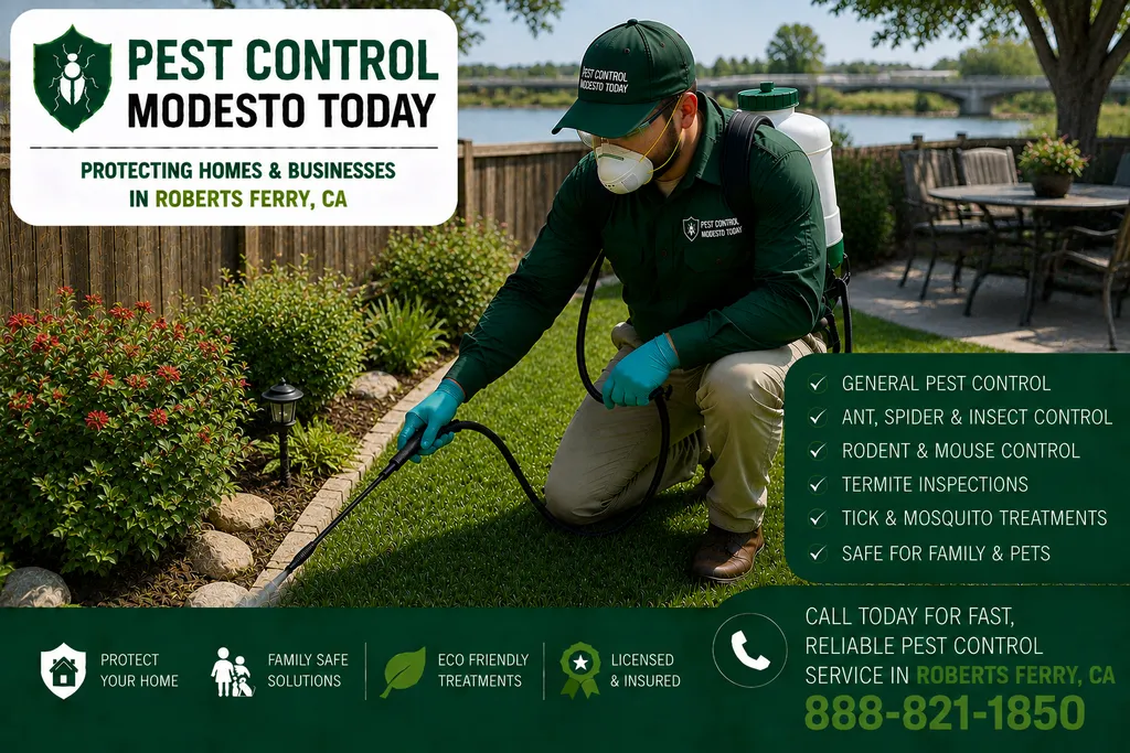 Pest control technician servicing a property in Roberts Ferry, CA