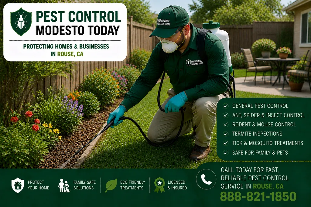 Pest control technician servicing a property in Rouse, CA