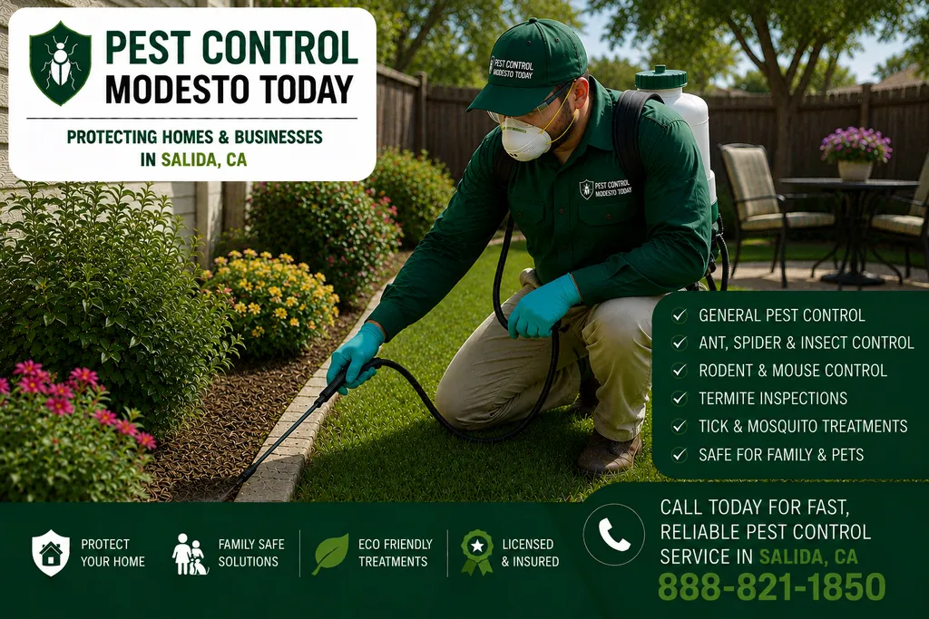 Pest control technician servicing a property in Salida, CA