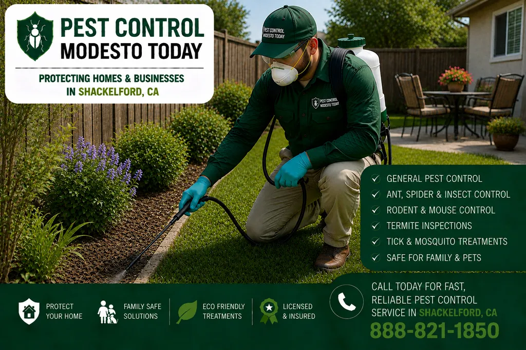 Pest control technician servicing a property in Shackelford, CA
