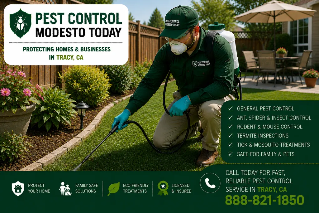 Pest control technician servicing a property in Tracy, CA