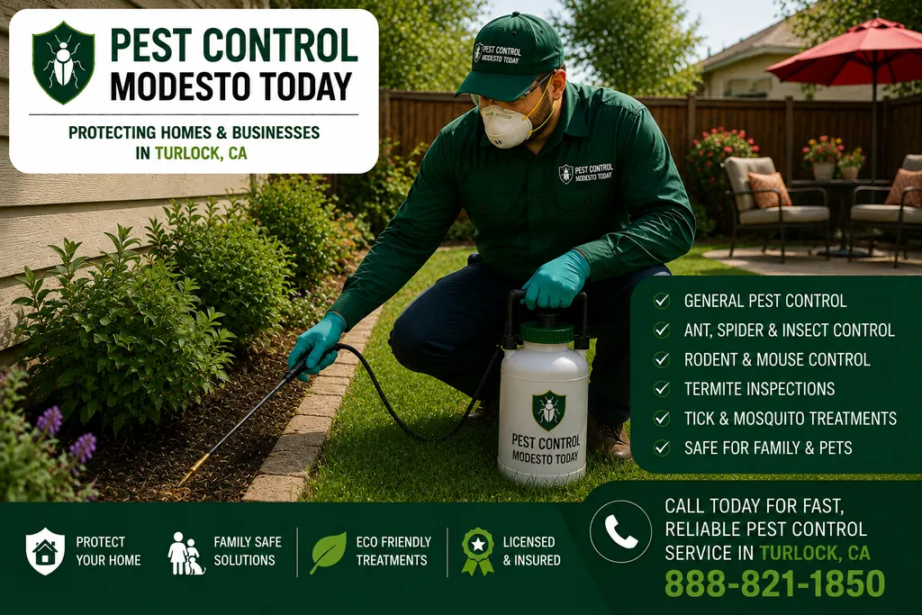Pest control technician servicing a property in Turlock, CA
