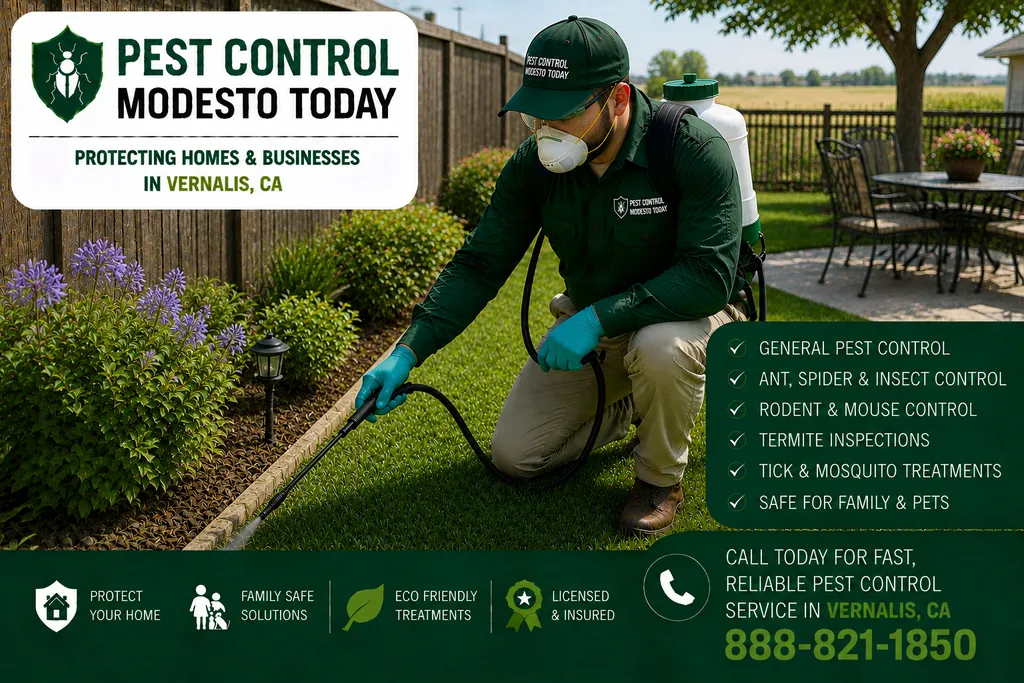 Pest control technician servicing a property in Vernalis, CA