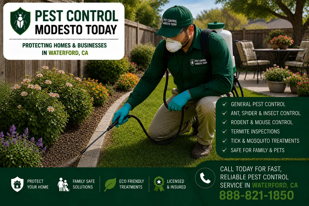Pest control technician servicing a property in Waterford, CA