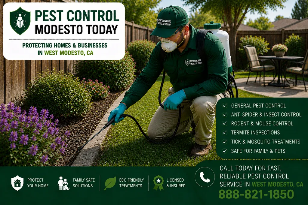 Pest control technician servicing a property in West Modesto, CA