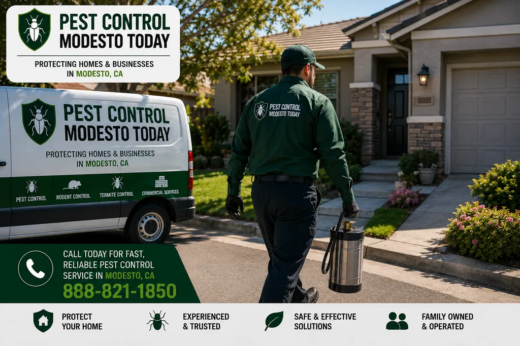 Pest Control Modesto Today technician performing professional pest control service at a Modesto, CA property