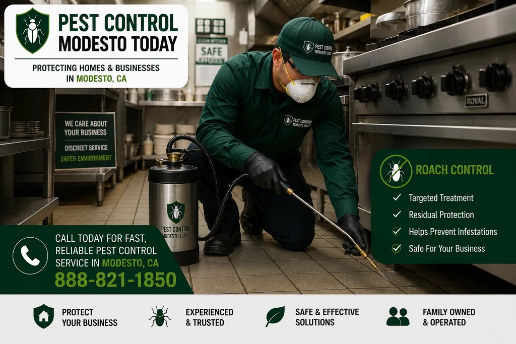 Pest control technician performing roach control at a Modesto, CA property