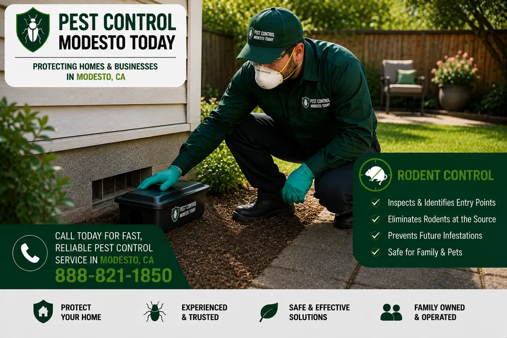Pest control technician performing rodent control at a Modesto, CA property