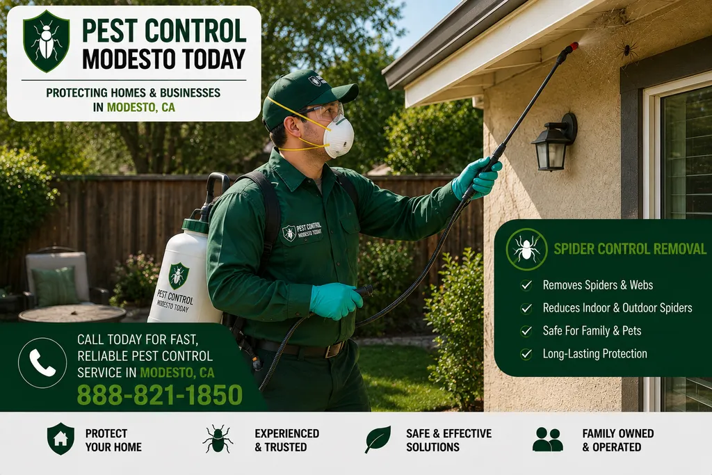 Pest control technician performing spider control at a Modesto, CA property