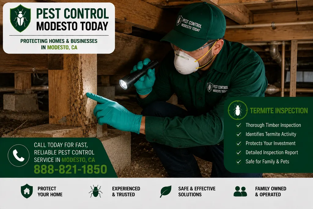 Pest control technician performing termite inspection & treatment at a Modesto, CA property