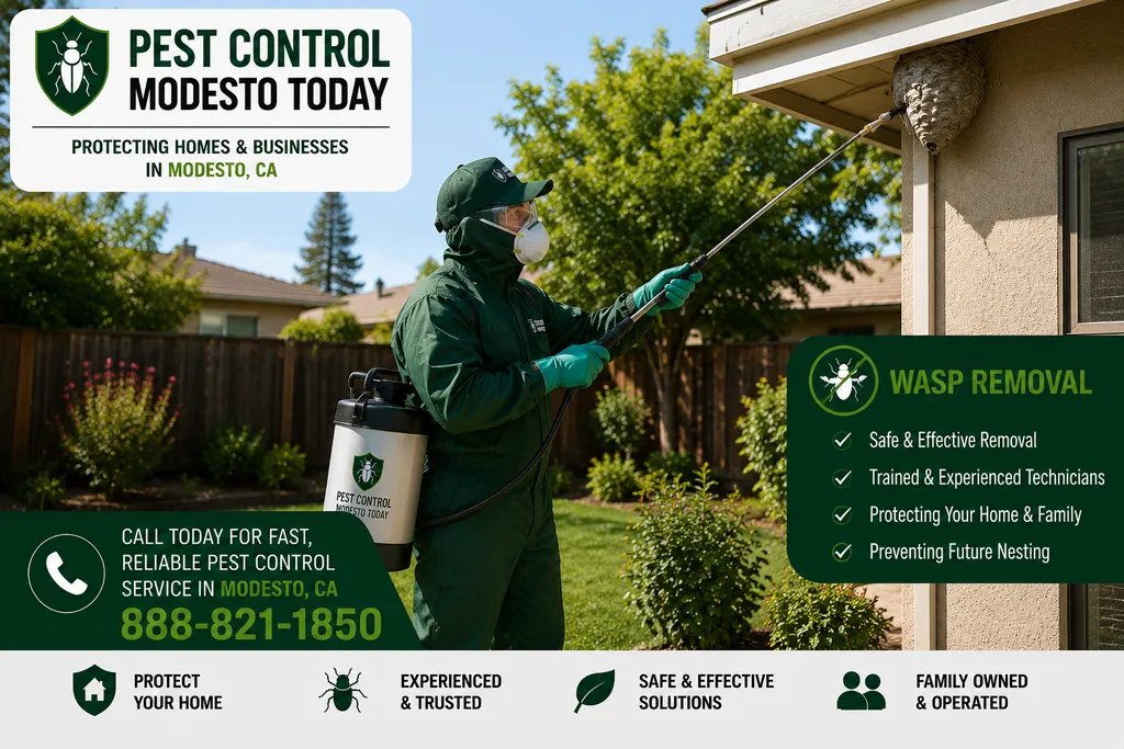 Pest control technician performing wasp & yellow jacket removal at a Modesto, CA property